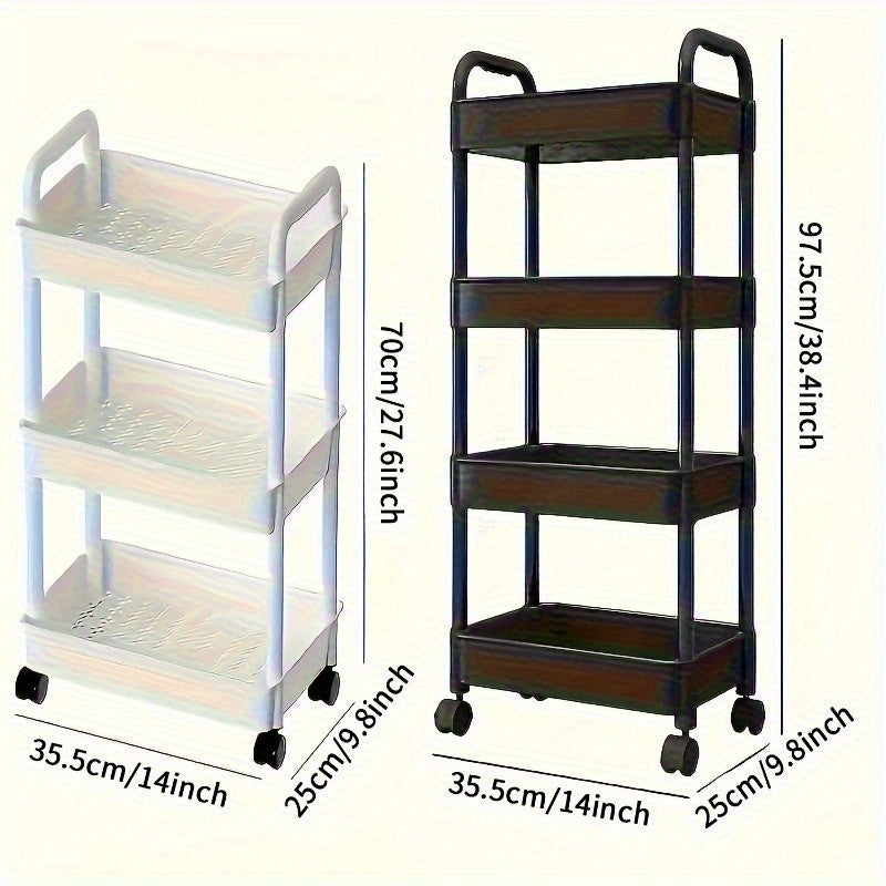 Carro de Almacenamiento Rodante de 3/4 Niveles - Plástico Duradero con Ruedas Silenciosas de 360° para Fácil Movimiento, Disponible en Blanco y , Incluye 4 Ganchos Pequeños, Ideal para Organización del Baño & Dormitorio, Libros y Artículos Esenciales del