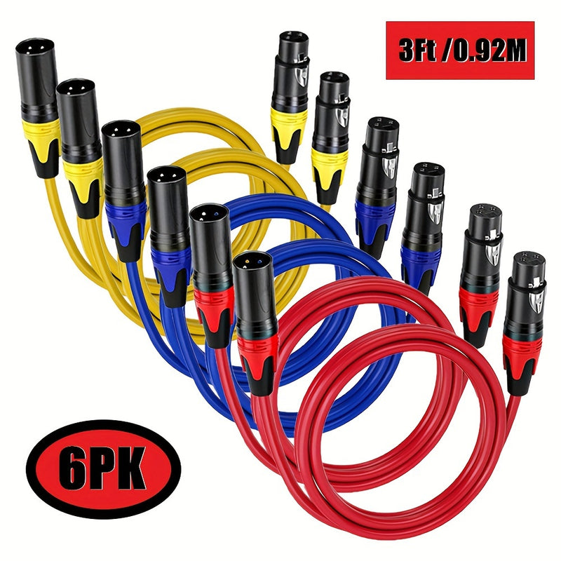 6 cables de micrófono XLR de 3 pies - Negro, conexiones de audio balanceadas de 3 pines para altavoces, mezcladores e iluminación de escenario, cables de equipo de sonido profesional | Equipo de audio profesional | Construcción de cable duradera, accesor