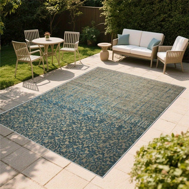 1 pieza de alfombrilla de área al aire libre estilo bohemio - Ligera, antideslizante, fácil de limpiar, alfombrilla de poliéster con patrones intrincados azules y beige para verano y otoño - Perfecta para campistas, muelles, balcones, patios, jardines tr