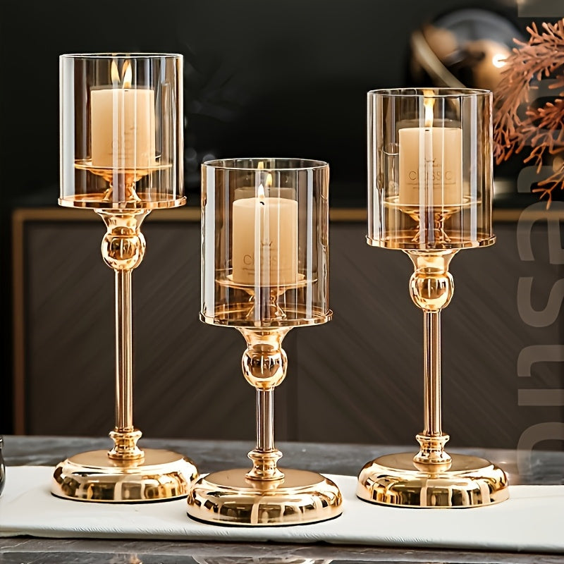 Juego de 3 Portavelas Elegantes de Vidrio y Metal Dorado - Acero Inoxidable, Cena Romántica y Diseño de Mesa para Decoración del Hogar
