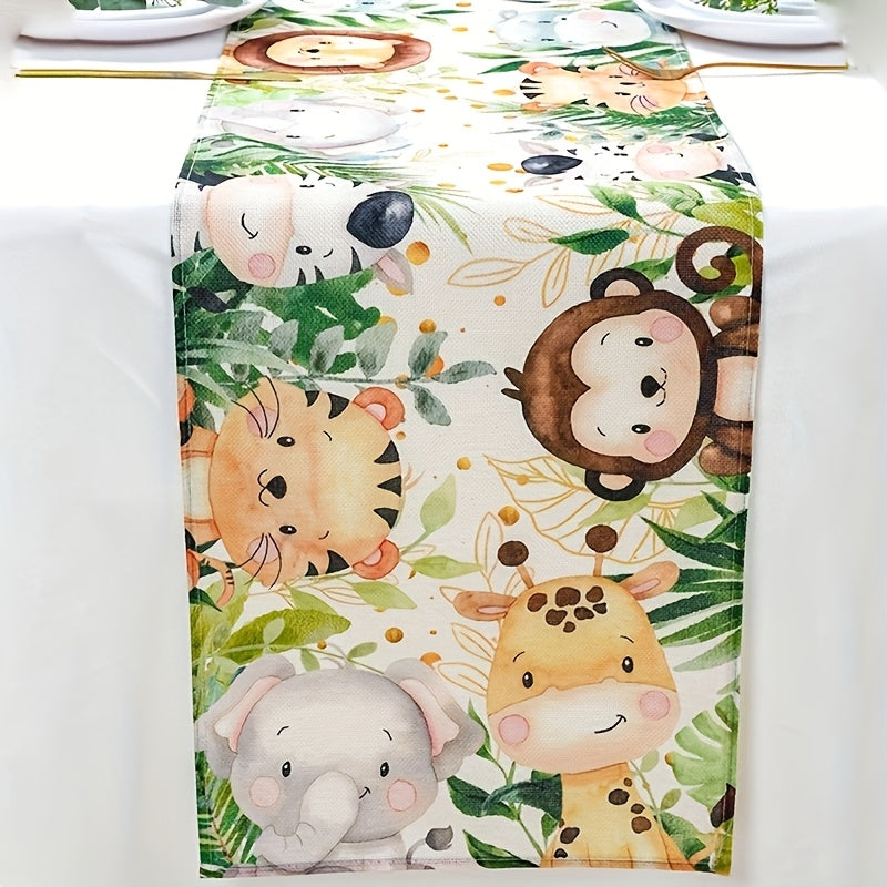 Corredor de Mesa con Estampado de Animales del Jungla - 1 pieza, 100% Poliéster, Diseño Lindo de León, Tigre, Cebra y Elefante en Dibujos Animados con Hojas Vibrantes, Perfecto para Decoración de Primavera, Fiestas Infantiles y Eventos Temáticos, Decorac