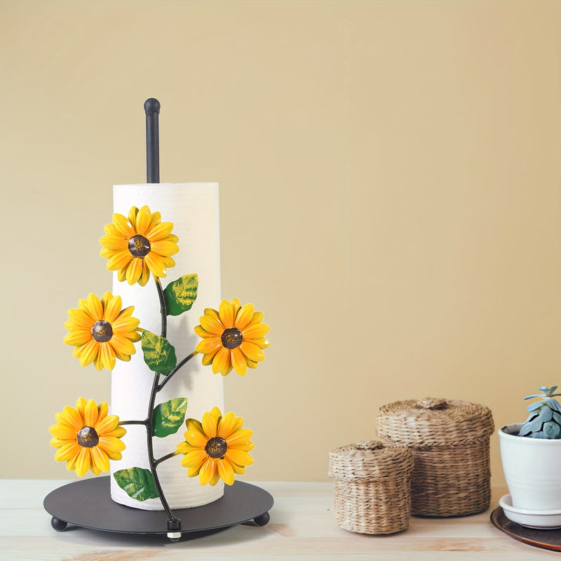 1pc Soporte para Toallas de Papel de Girasol de Hierro - Estante Decorativo de Almacenamiento para Encimera de Cocina con Detalles de Mariposas, Base Negra para Decoración de Hogar Elegante, Perchero para Toallas de Cocina