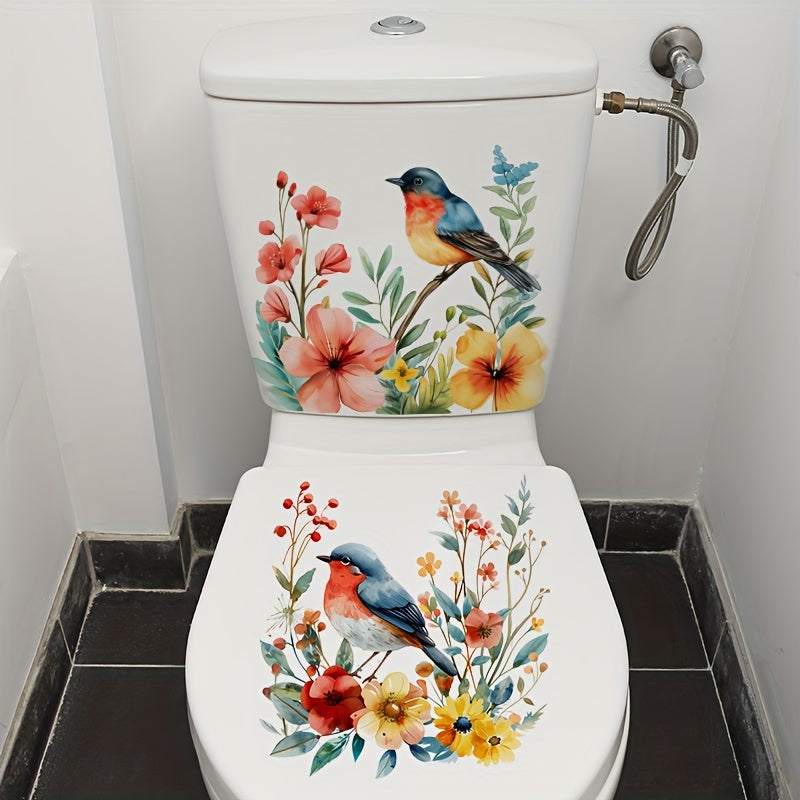 2 hermosas pegatinas de flores y pájaros para baño, adhesivos impermeables para pared de inodoro, fáciles de instalar