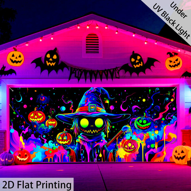 Una figura de calabaza vibrante de tamaño grande que brilla bajo luz UV, perfecta para Halloween. Esta decoración de puerta de garaje de poliéster sirve varios propósitos festivos y es adecuada para decorar el hogar y el jardín. Es fácil de colgar (la im