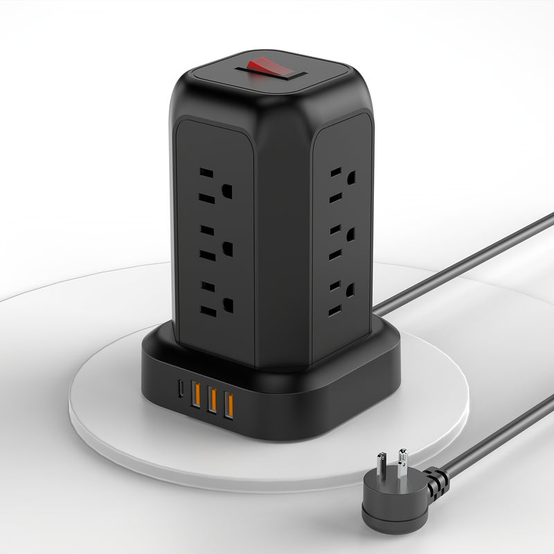 Una regleta de alimentación negra con protección contra sobretensiones, que incluye 12 tomas de CA, 3 puertos USB y 1 puerto tipo C, junto con un cable de extensión de 5 pies, adecuado para el hogar, la oficina, la cocina, el garaje y el dormitorio, maxi