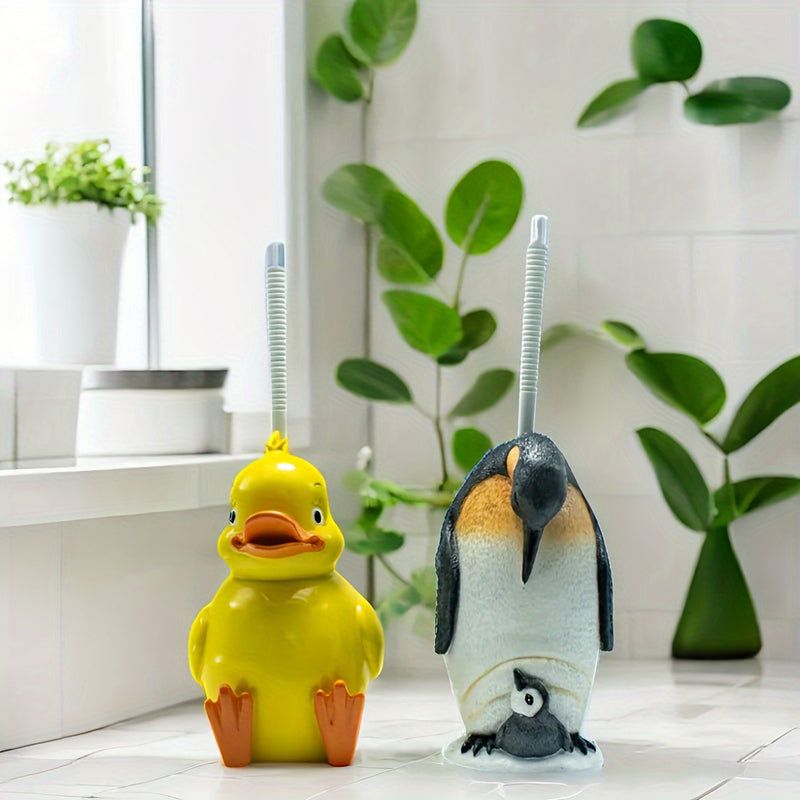 Juego de Cepillo de Baño Ahorra Espacio con Patito y Pingüino con Soporte - Fácil Limpieza, Diseño Compacto para Almacenamiento en el Baño, Mango de Resina Duradero, Idea de Regalo Perfecta