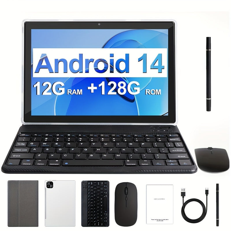 Tablet de 10.1 Pulgadas con Sistema Operativo Android 14, Tableta 2 en 1 con Teclado, Ratón, Funda, Estilete, 128GB ROM 12GB 4GB+8GB RAM Ampliable, Doble Cámara, Procesador de Ocho Núcleos, Pantalla Táctil IPS Alta Definición 1280*800, GMS Tab, Wi-Fi 5G
