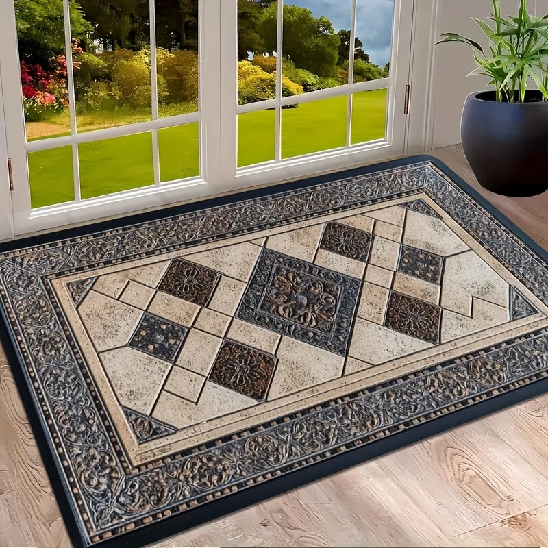 Tapete de bienvenida con diseño geométrico de lujo, grueso y duradero, de poliéster para interior/exterior, antideslizante y fácil de limpiar, decoración para el hogar