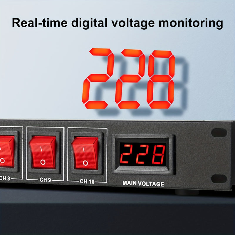 Secuenciador de potencia profesional para audio 1U DEPUSHENG - Controlador digital de alimentación para rack con 10 salidas, pantalla de voltaje, protector contra sobretensiones, 1500W máx., 110V-130V, enchufe estadounidense, material de aleación