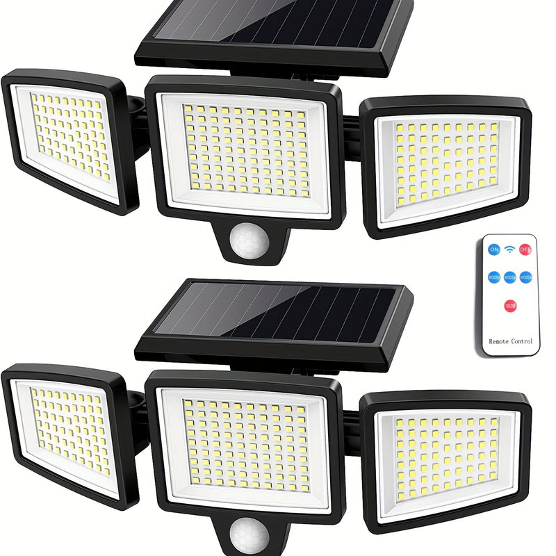 Paquete de 2/1 Lámpara Solar Exterior con Control Remoto, Luz de Seguridad de 210 LED con Sensor de Movimiento y Tres Cabezas, Ángulo Amplio de 270°, Resistente al Óxido, 3 Modos