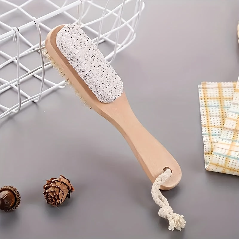 Un juego de 2 en 1 de lima de pies y cepillo con mango de madera - colgando de cuerda | Herramienta suave para masaje y eliminación de luz muerta beige, adecuada para el cuidado de los pies y el cuidado de spa, con gancho de cuerda