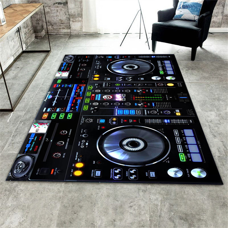Alfombra de área lavable de poliéster con diseño inspirado en la música y los giradiscos, perfecta para dormitorio, sala de estar o sala de juegos, alfombra de juego hecha a máquina, diseño juguetón, cubierta de suelo duradera, decoración de sala de músi