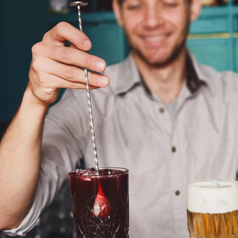 Cuchara Mezcladora de Acero Inoxidable con Mango Largo - Patrón Elegante en Espiral, Perfecta para Cócteles y Bebidas, Ideal para Bares y Restaurantes