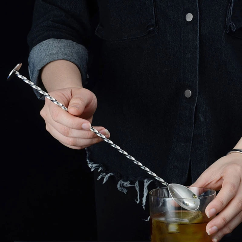 Cuchara Mezcladora de Acero Inoxidable con Mango Largo - Patrón Elegante en Espiral, Perfecta para Cócteles y Bebidas, Ideal para Bares y Restaurantes