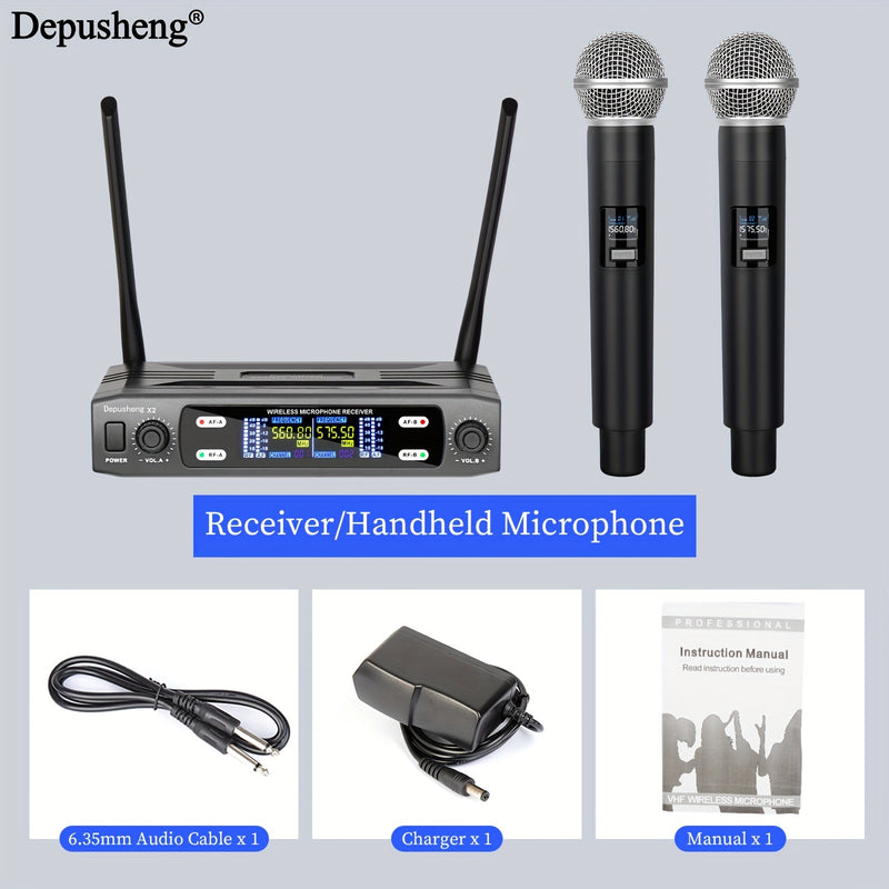 DEPUSHENG Sistema de Micrófono sin varillas Profesional 2/4 Canales con Sonido HD, Anti-Interferencias, Receptor Portátil y Pantalla LCD - Microfónos Mano/Cuello/Cabeza para KTV, Escenarios, Reuniones (Alimentado por Batería, Enchufe US), Micrófono Portá
