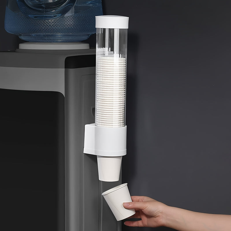 1 pieza de soporte para tazas desechables sin perforación para pared, resistente al polvo y al agua, dispensador automático de tazas, conveniente y rápido, almacenamiento de tazas desechables para hogar, oficina, hospital, suministros de baño.