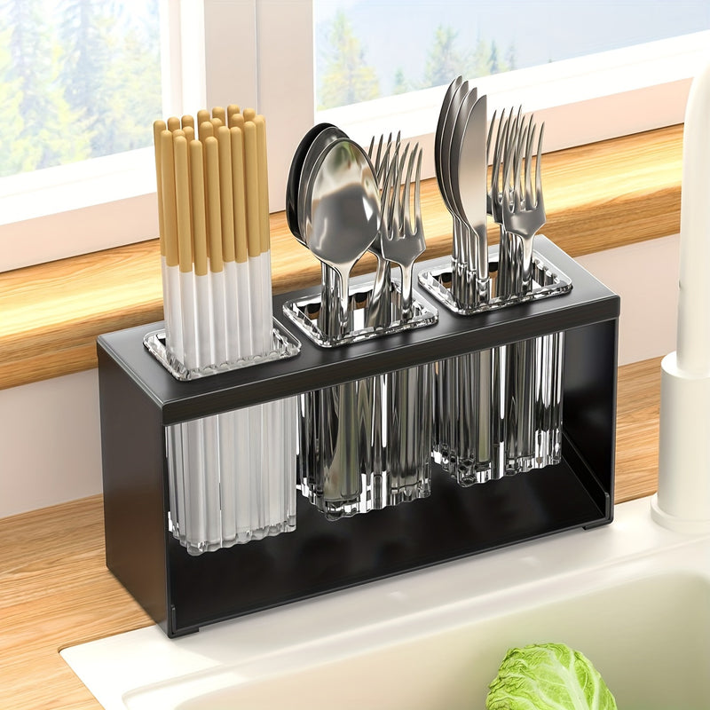 1pc Organizador multifuncional de utensilios de cocina con bandeja de drenaje - Soporte de plástico para almacenar cuchillos, tenedores, cucharas y palillos - Soporte de utensilios de mostrador con drenaje integrado para uso en el hogar y en restaurantes