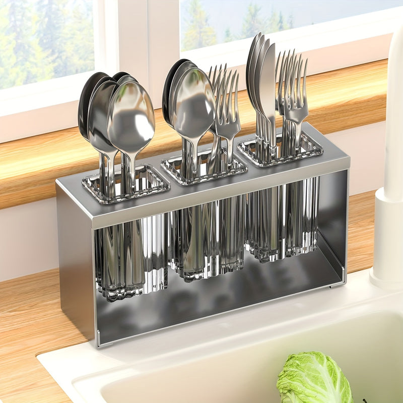 1pc Organizador multifuncional de utensilios de cocina con bandeja de drenaje - Soporte de plástico para almacenar cuchillos, tenedores, cucharas y palillos - Soporte de utensilios de mostrador con drenaje integrado para uso en el hogar y en restaurantes