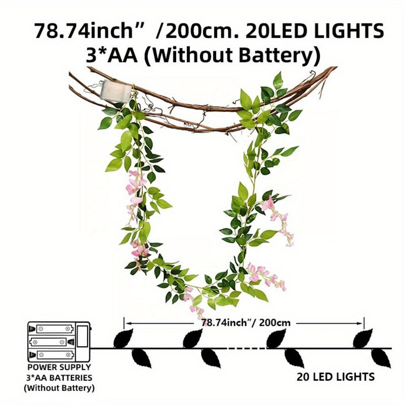 1 Conjunto, Luces de cuerda de enredadera de flor rosa LED, 2m/78,74in 20 LED, con batería, control de botón, no impermeable, para pared, habitación, oficina, cumpleaños, decoración para el hogar - Sin baterías incluidas