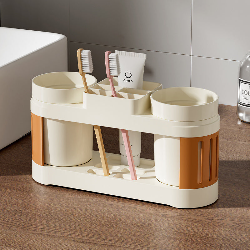 1set Soporte Moderno para Cepillos de Dientes de Plástico con Doble Vasos, Organizador de Baño Montado en el Suelo para Parejas, Juego de Vasos para Cepillos de Dientes y Enjuague Bucal No Eléctrico