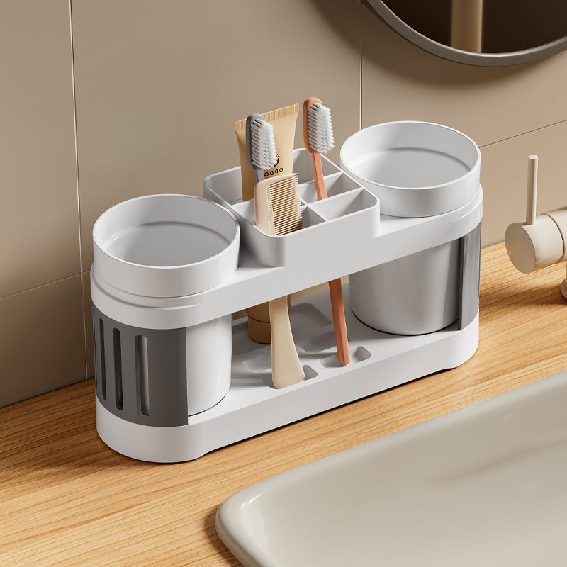 1set Soporte Moderno para Cepillos de Dientes de Plástico con Doble Vasos, Organizador de Baño Montado en el Suelo para Parejas, Juego de Vasos para Cepillos de Dientes y Enjuague Bucal No Eléctrico