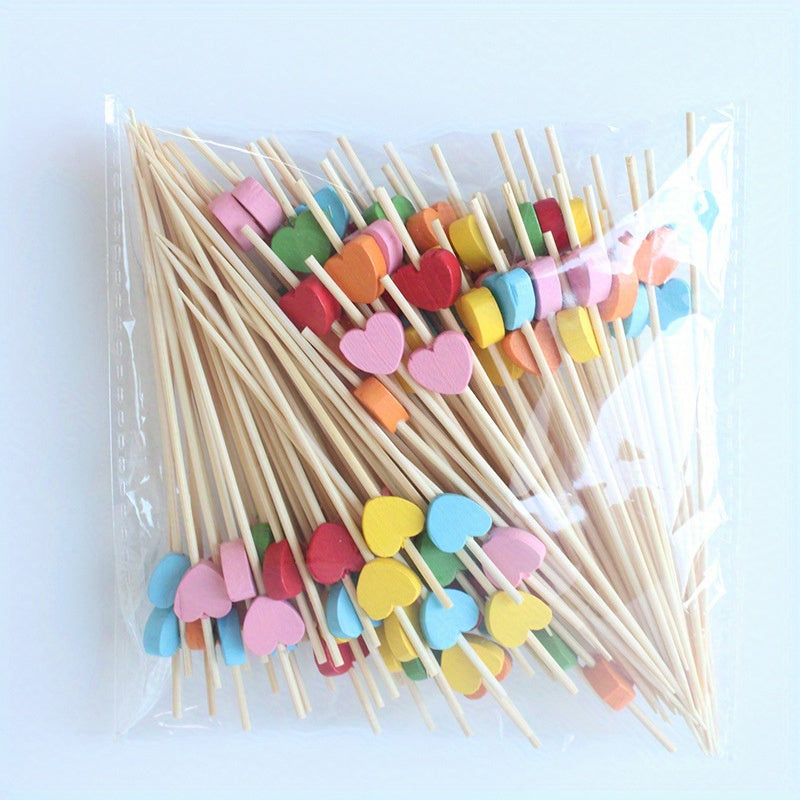100pcs Palillos Artísticos de Bambú para Frutas, Decoraciones de Madera Desechables para Cócteles con Diseños de Amor y Flor de Ciruelo