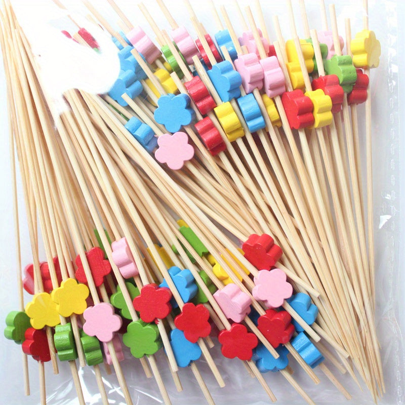100pcs Palillos Artísticos de Bambú para Frutas, Decoraciones de Madera Desechables para Cócteles con Diseños de Amor y Flor de Ciruelo