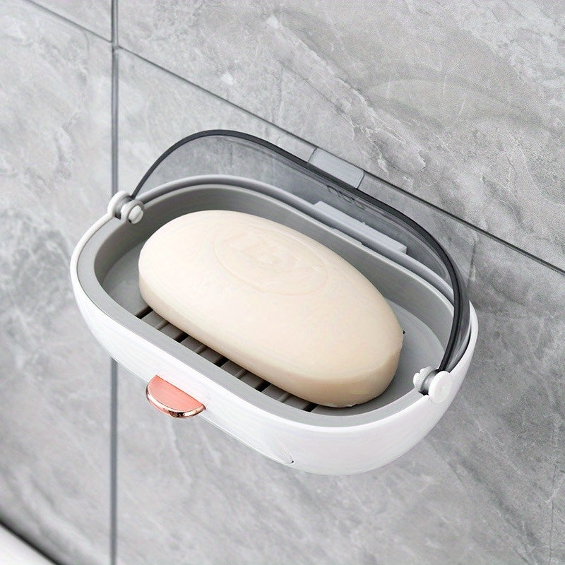1 Pieza, Caja De Jabón Con Tapa Abatible, Caja Individual Montada En La Pared, Caja Sin Perforaciones, Accesorios De Baño, Almacenamiento Y Organización De Baño