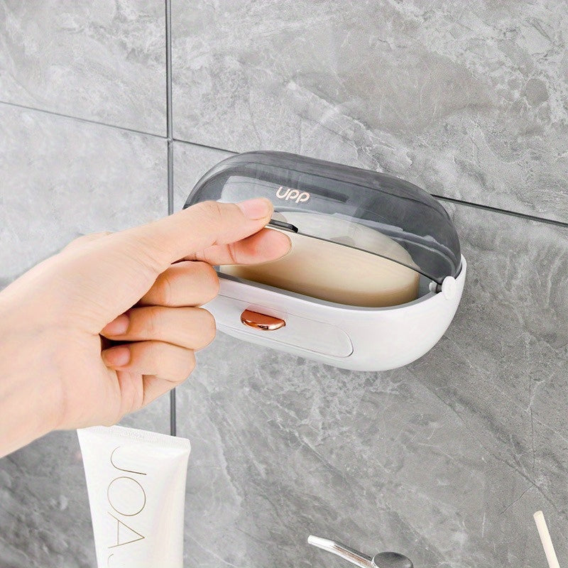 1 Pieza, Caja De Jabón Con Tapa Abatible, Caja Individual Montada En La Pared, Caja Sin Perforaciones, Accesorios De Baño, Almacenamiento Y Organización De Baño