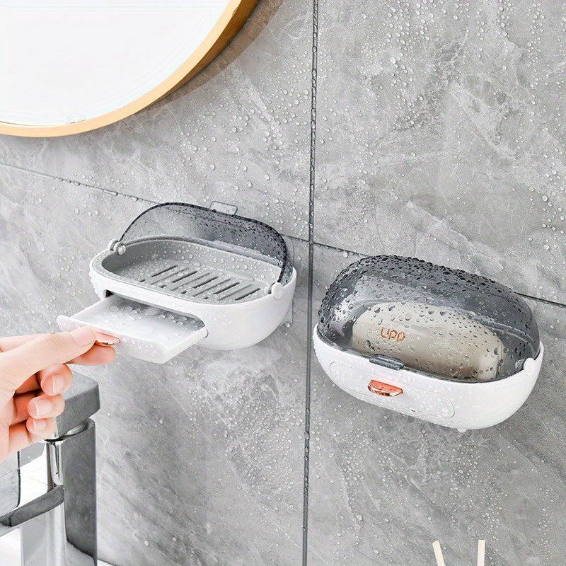 1 Pieza, Caja De Jabón Con Tapa Abatible, Caja Individual Montada En La Pared, Caja Sin Perforaciones, Accesorios De Baño, Almacenamiento Y Organización De Baño
