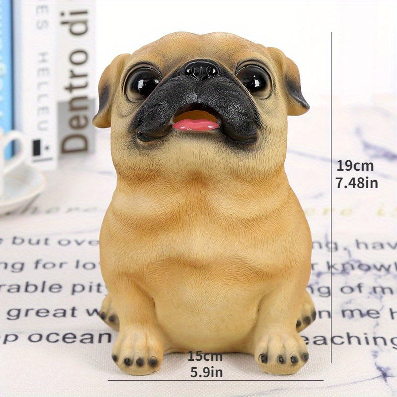 Alcancía de perro pug de resina, tamaño grande, para ahorrar monedas, decoración para el hogar, regalo para fiestas, no necesita electricidad