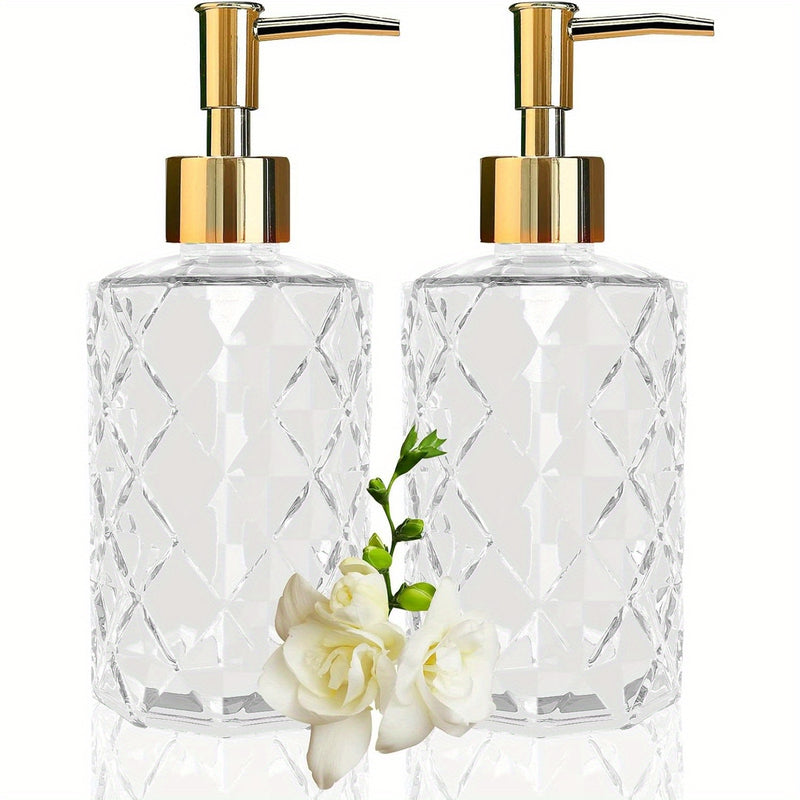 Paquete de 1/2 dispensadores de jabón de vidrio cristalino, 350ml/11oz. Bomba de loción de vidrio transparente, diseño cristalino, jabón de cocina reutilizable, gel de ducha, champú y dispensadores de jabón para manos.