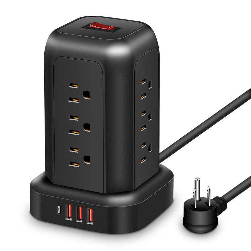 Una regleta de alimentación negra con protección contra sobretensiones, que incluye 12 tomas de CA, 3 puertos USB y 1 puerto tipo C, junto con un cable de extensión de 5 pies, adecuado para el hogar, la oficina, la cocina, el garaje y el dormitorio, maxi