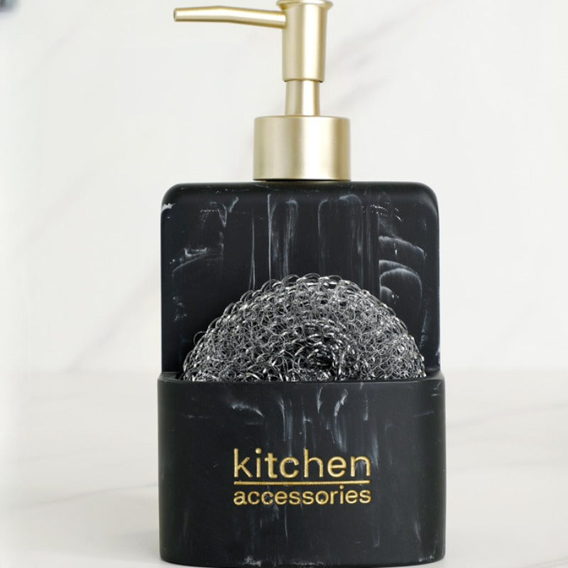 Dispensadores de jabón de cocina de resina con soporte para esponja, moderno y simplista, bomba de jabón líquido de tipo prensa, dispensador de loción, acabado de mármol negro y blanco