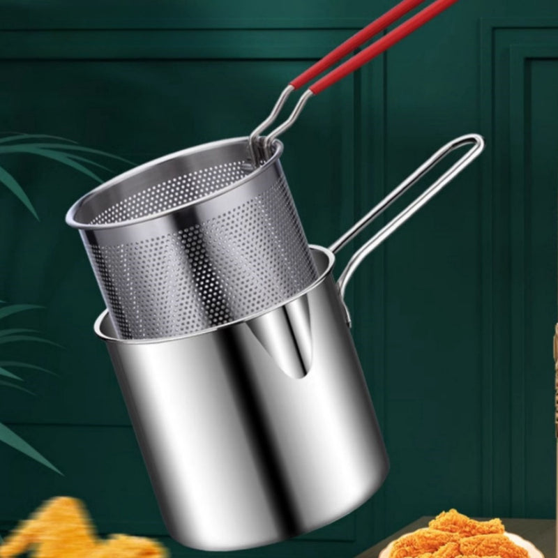 Olla de freidor de acero inoxidable con colador, mini sartén de freír de 304 ahorro de aceite para uso en el hogar, compatible con fogones de inducción y gas, no requiere batería