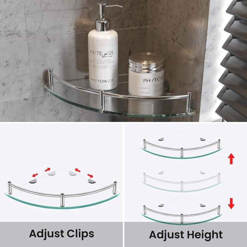 2 piezas de estantes de ducha de esquina montados en la pared con vidrio templado y barandillas de acero inoxidable - Organizador de baño que ahorra espacio para artículos de tocador, champú, acondicionador y más - Caddy de ducha duradero para baños mode