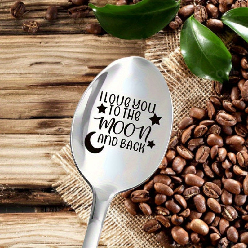 1pc Cuchara de Acero Inoxidable Grabada - "Te Amo Hasta La Luna y De Vuelta" - Regalo Romántico para San Valentín, Aniversarios, Cumpleaños, Navidad o Suministros para Fiestas - Perfecta para Café, Helado, Té y Postres - 7.5” Duradera y con Diseño Divert
