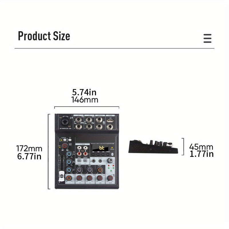Mezclador de audio DJ Tynan de 5 canales con reproducción USB, alimentación fantasma de 48V, conectividad potente y diseño compacto, ideal para pequeños conciertos, presentaciones en vivo y uso profesional de DJ, accesorios para DJ
