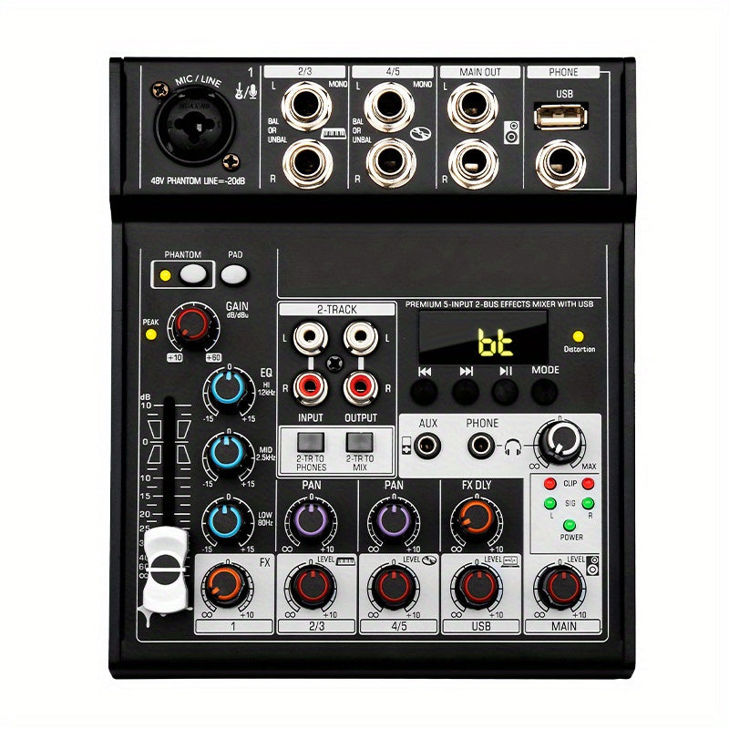 Mezclador de audio DJ Tynan de 5 canales con reproducción USB, alimentación fantasma de 48V, conectividad potente y diseño compacto, ideal para pequeños conciertos, presentaciones en vivo y uso profesional de DJ, accesorios para DJ