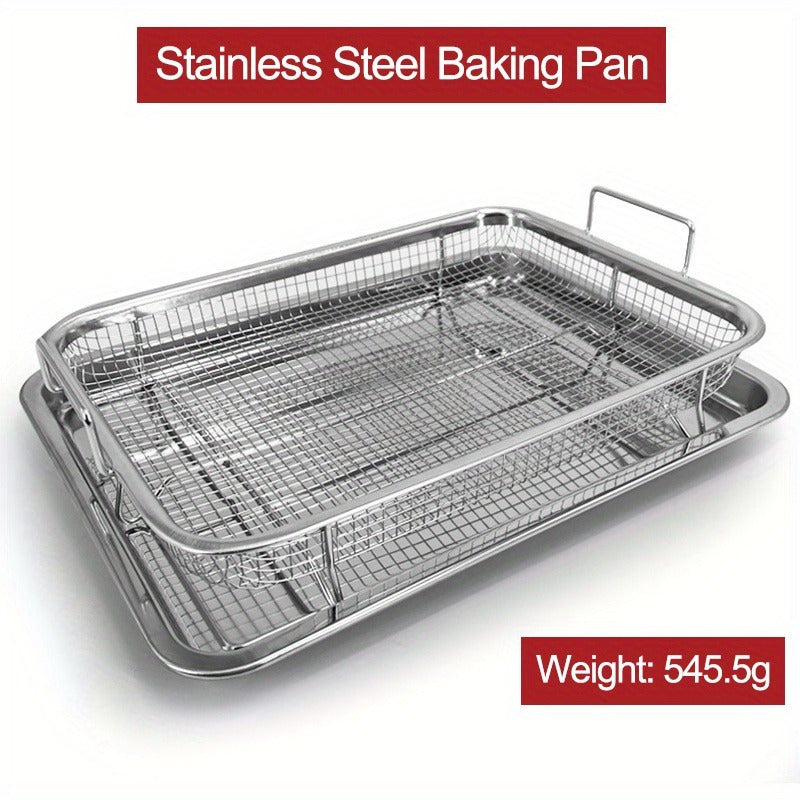 Set de horno freidor de aire de acero inoxidable de 2 piezas, Bandeja crujiente de 32.51cm x 24.38cm libre de BPA con bandeja para hornear, Accesorios de horno compatibles con parrilla y utensilios para hornear, Gadgets de cocina no tóxicos para cocinar
