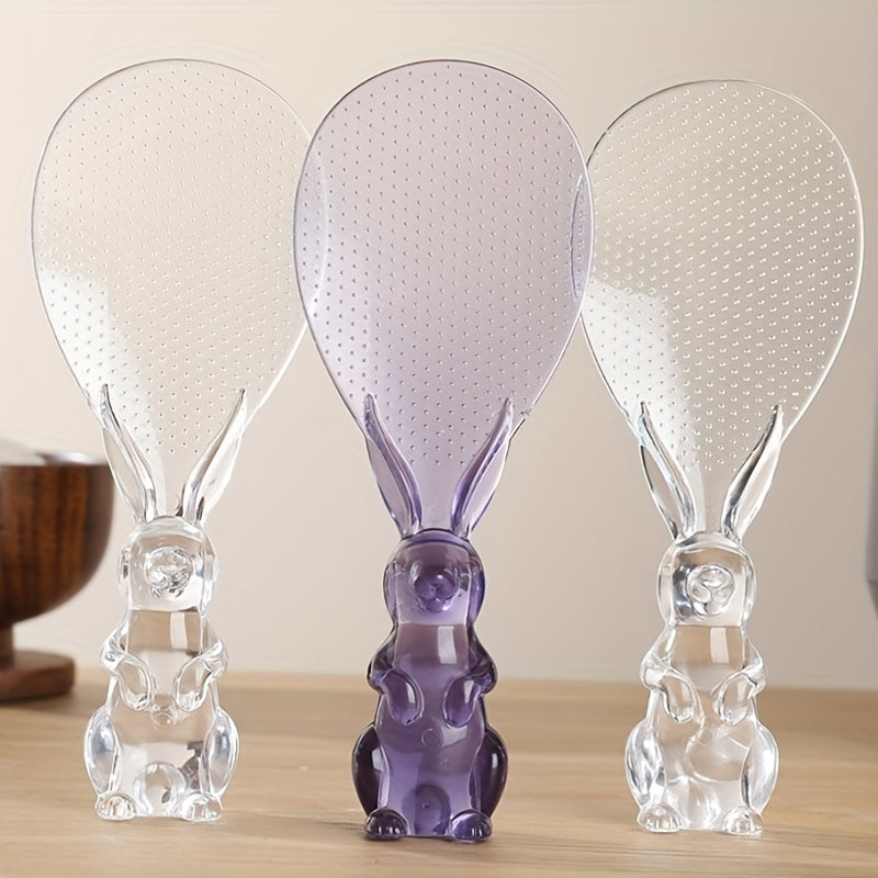 1pc Cuchara de Cristal Transparente, Pala para Arroz con Soporte en Forma de Conejo, Espátula para Cocinar Arroz y Esparcirlo, Cuchara de Arroz de Dibujos Animados