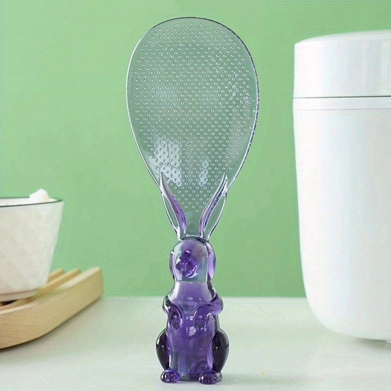 1pc Cuchara de Cristal Transparente, Pala para Arroz con Soporte en Forma de Conejo, Espátula para Cocinar Arroz y Esparcirlo, Cuchara de Arroz de Dibujos Animados