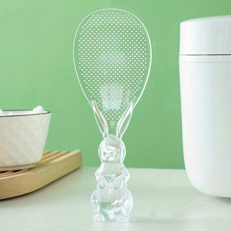1pc Cuchara de Cristal Transparente, Pala para Arroz con Soporte en Forma de Conejo, Espátula para Cocinar Arroz y Esparcirlo, Cuchara de Arroz de Dibujos Animados
