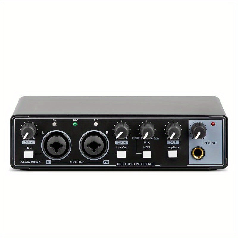 Interfaz de audio de 2 canales con tarjeta de sonido con pantalla, mezclador de estudio de grabación profesional para guitarra eléctrica, grabación in situ, 24 bits/196 kHz para grabación de música, interfaz XLR con alimentación fantasma de 48, caja de a