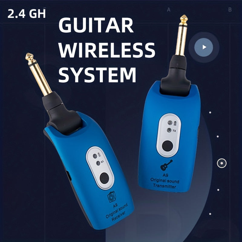 Sistema Inalámbrico para Guitarra A9 con Receptor de 2.4GHz, Carga USB-C, Conectividad Inalámbrica - Transmisor y Receptor Azules para Guitarra Eléctrica, Accesorio para Instrumento Musical con Batería de 300mAh, Transmisor Inalámbrico para Guitarra
