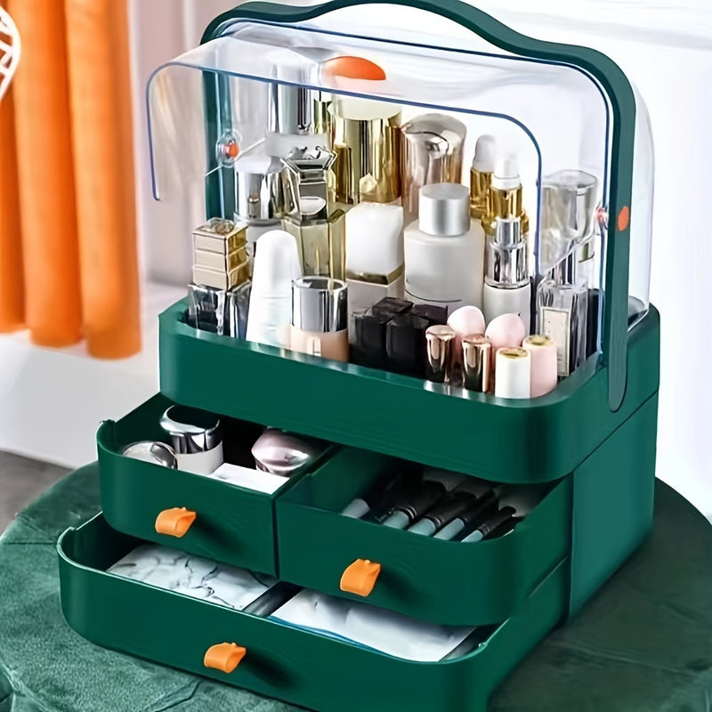 1pc Organizador de cosméticos de gran capacidad, caja de almacenamiento de maquillaje de plástico con cajones de doble apertura, vitrina para mostrador de baño, tocador, dormitorio