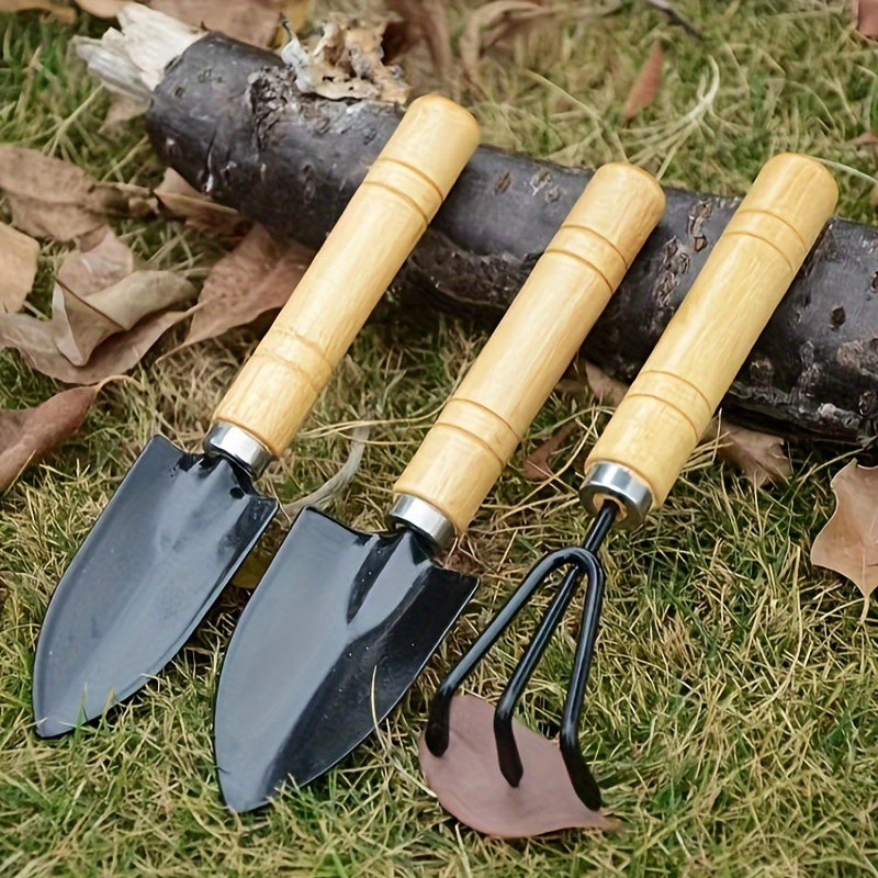 1 Juego De 3 Piezas, Herramientas Manuales De Jardinería De Primera Calidad, Construcción Duradera De Metal Y Madera, Mangos De Madera Ergonómicos, Incluye Paleta, Rastrillo Cultivador Y Pala Para Trasplantar, Ideal Para Plantar Y Colocar En Macetas Vege