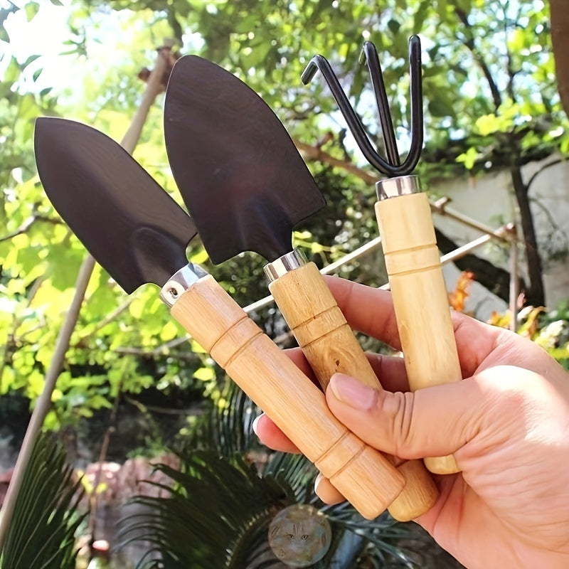 1 Juego De 3 Piezas, Herramientas Manuales De Jardinería De Primera Calidad, Construcción Duradera De Metal Y Madera, Mangos De Madera Ergonómicos, Incluye Paleta, Rastrillo Cultivador Y Pala Para Trasplantar, Ideal Para Plantar Y Colocar En Macetas Vege