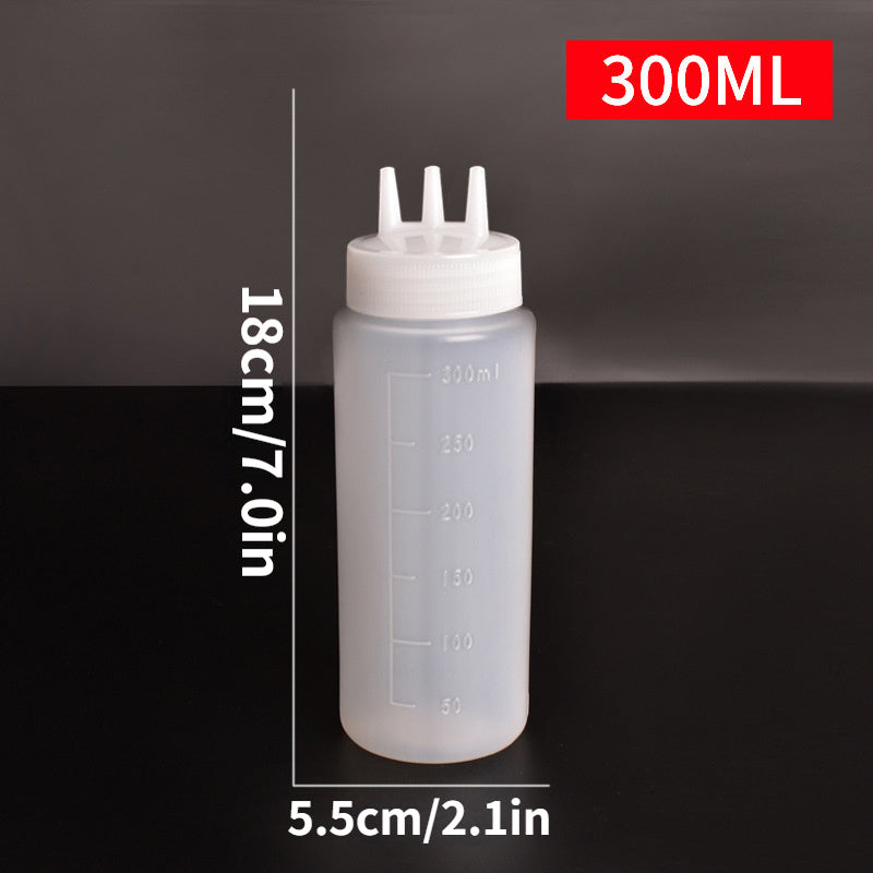 Juego de 4 botellas exprimidoras de condimentos con cepillo de limpieza - Plástico libre de BPA, redondas, fáciles de lavar a mano - Elementos esenciales de cocina para ensaladas, barbacoas, horneado, asados, picnic - 3 botellas dispensadoras con boquill