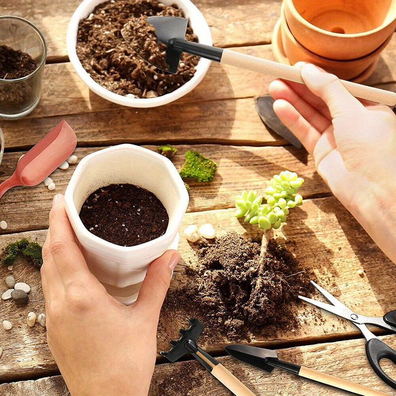 13PCS Mini Juego de Herramientas de Mano para Jardín - Kit de Pala de Trasplante de Metal y Madera con Bolsa de Tela para Plantar Bonsáis al Aire Libre - Uso Manual sin Electricidad
